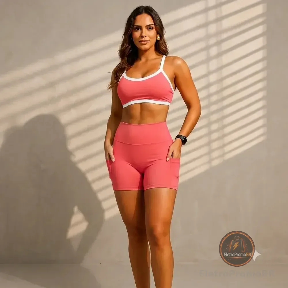 Conjunto Fitness Feminino Top Duplo Shorts Bolso Cós Alto Uv Coral Paradise Liso M