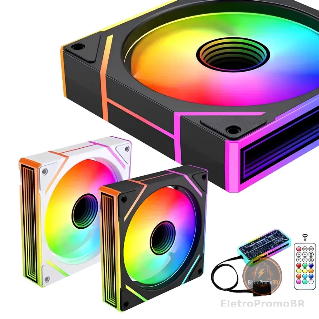 Kit 3 Ventoinhas ARGB 120MM 1200 RPM ±10% com Baixo Ruído com Controle Remoto e Hub para Setup Gamer