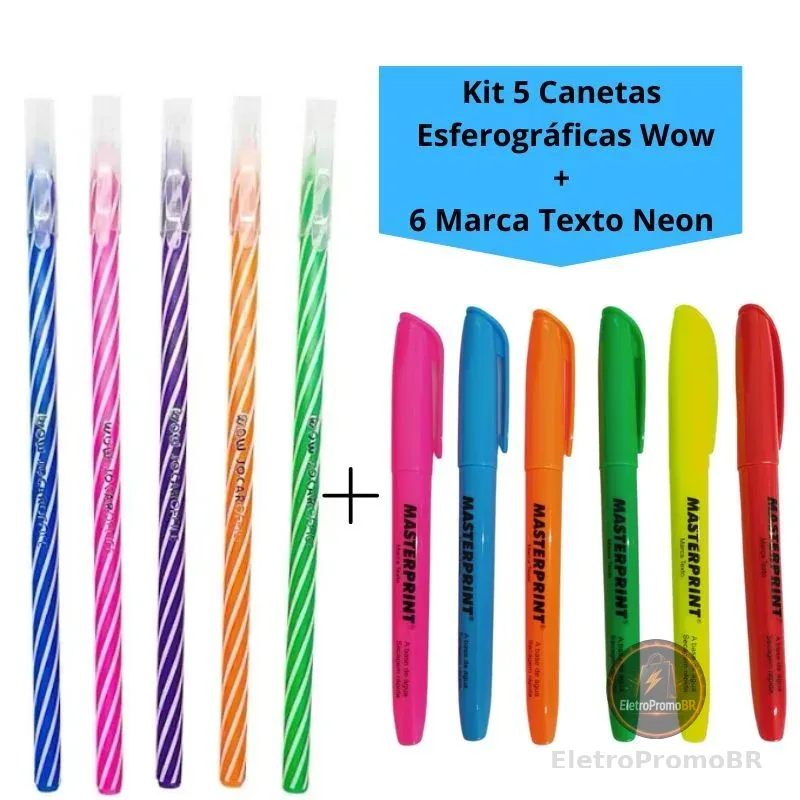 Kit 5 Canetas Esferográficas 0.7 Jocar + 6 Canetas Marca Texto Neon ou Pastel Masterprint