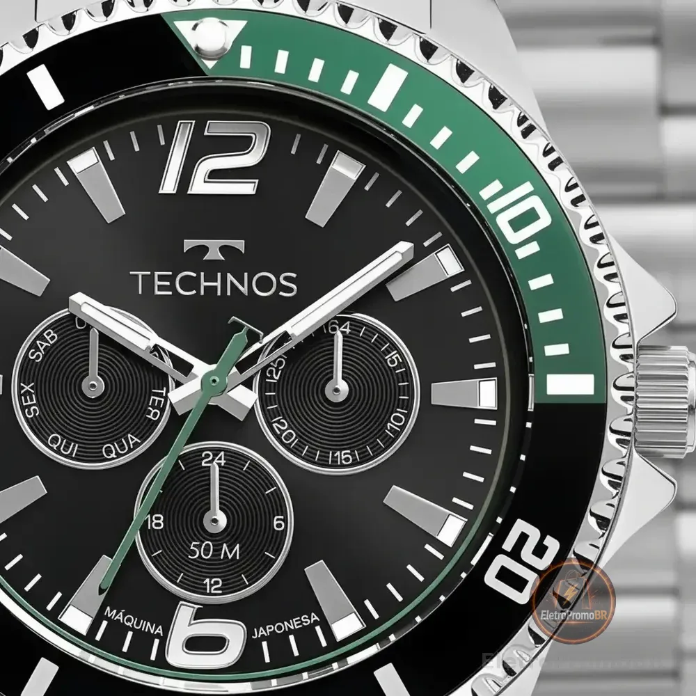 Relógio Technos Masculino Racer Premium Prata - 6p29ale/1v Correia Prateado Bisel Verde Fundo Preto
