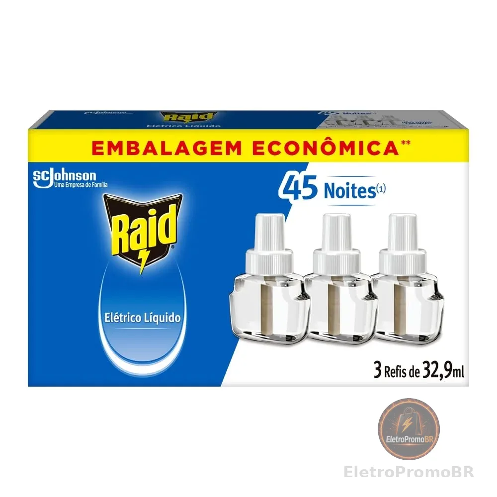 Raid Repelente Eletrico Líquido, 45 Noites de Proteção, 3 Refis de 32,9ml