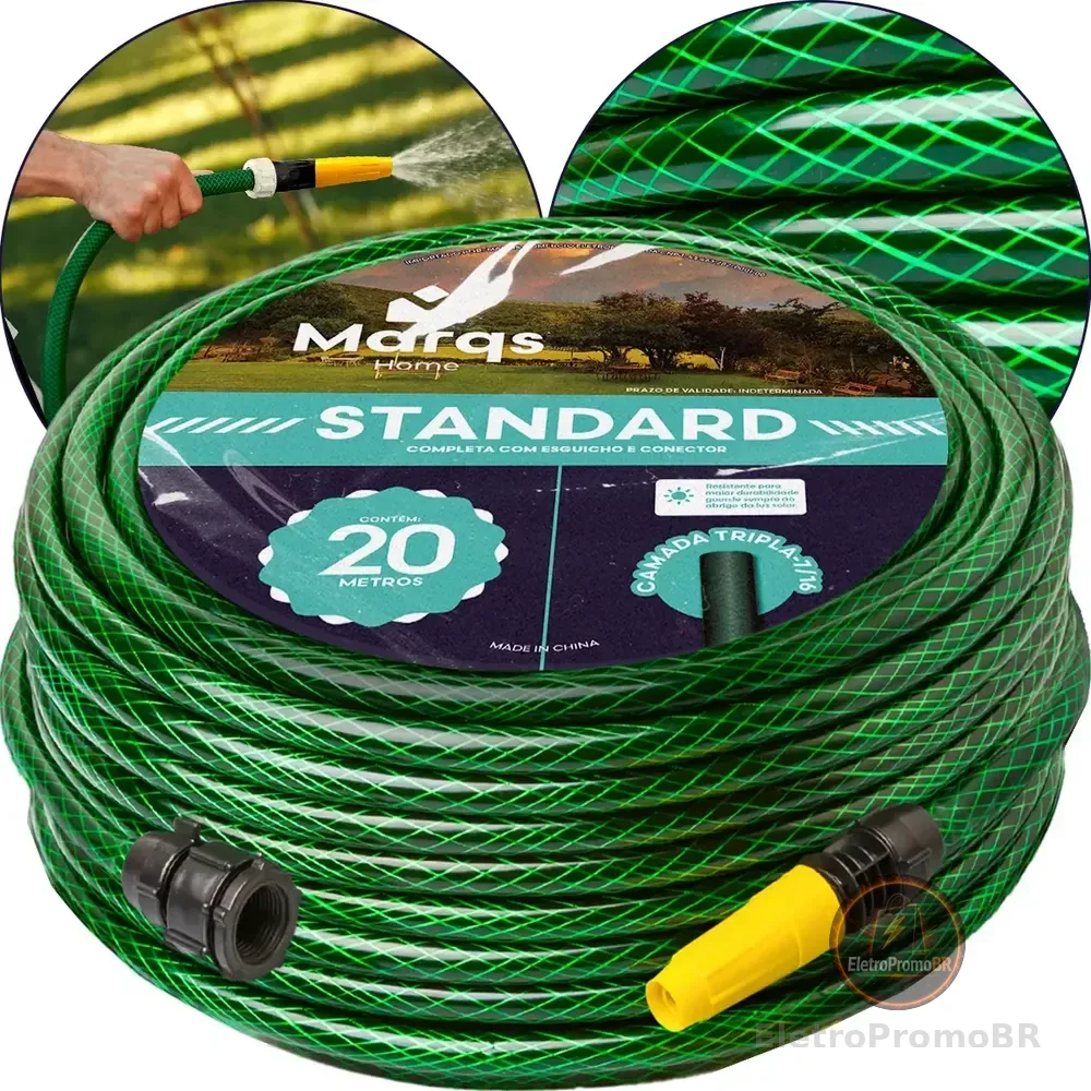 Mangueira Jardim 20m Metros Com Esguicho Trançada Reforçada Flexível 7/16 Anti Dobra Irrigação Quintal Poço Lavagem Durável Marqs Home