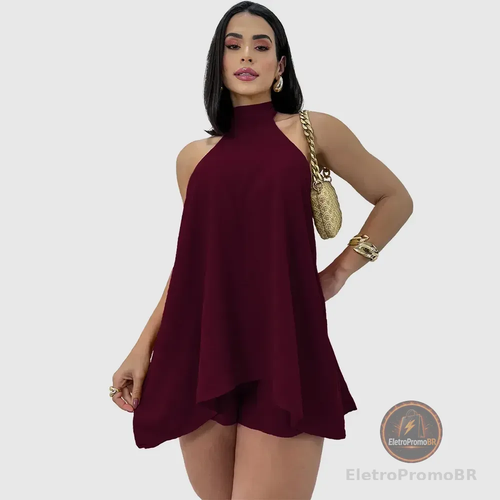 Conjunto Feminino Vestido Soltinho Frente Unica Short Verão Vinho Único