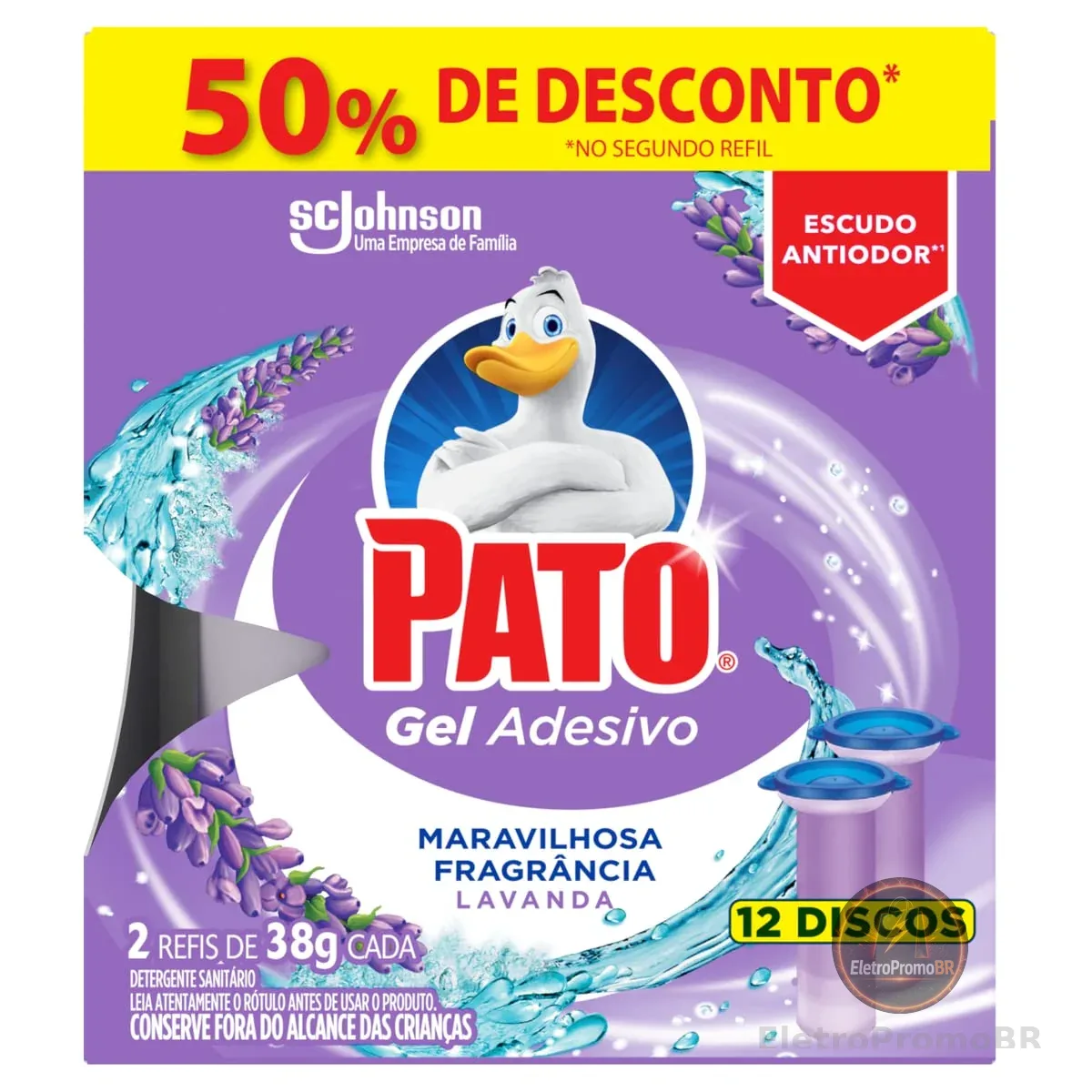 Pato Desodorizador Sanitário Gel Adesivo 2 Refis Lavanda, 12 Discos