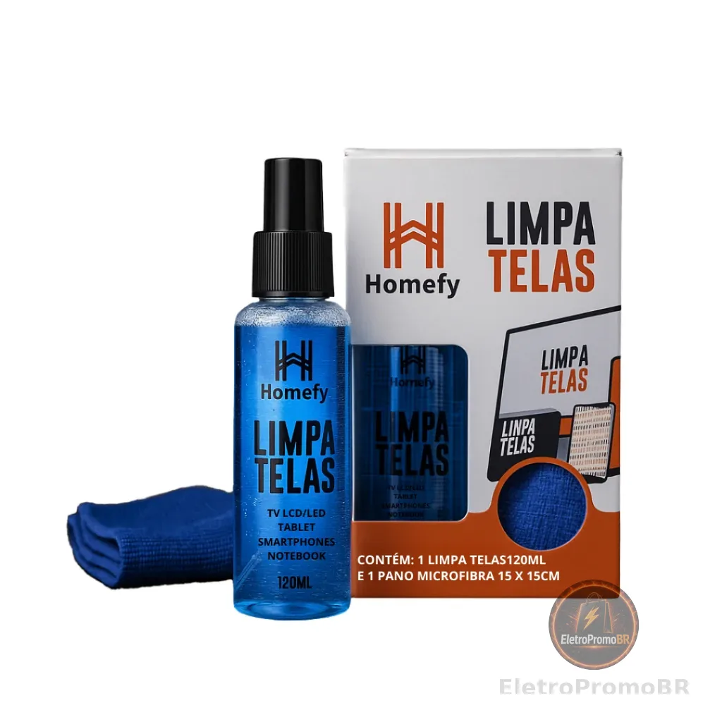 Limpa Telas Homefy 120ml com Pano - Limpeza Sem Manchas para TV, Notebook e Celular | Anti-estático