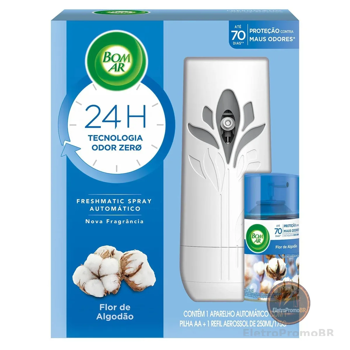 Aromatizador de Ambiente Bom Ar Automático Aerossol Freshmatic Flor de Algodão Aparelho + Refil 250ml
