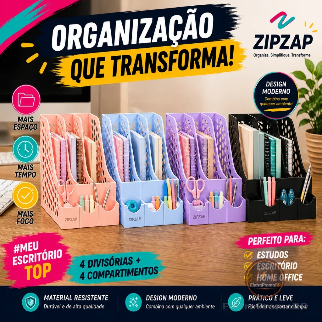 Organizador de Mesa - Porta-Papéis e Livros 3/4 Divisórias + Porta-Trecos - Cores Diversas + Figurinhas Adesivas