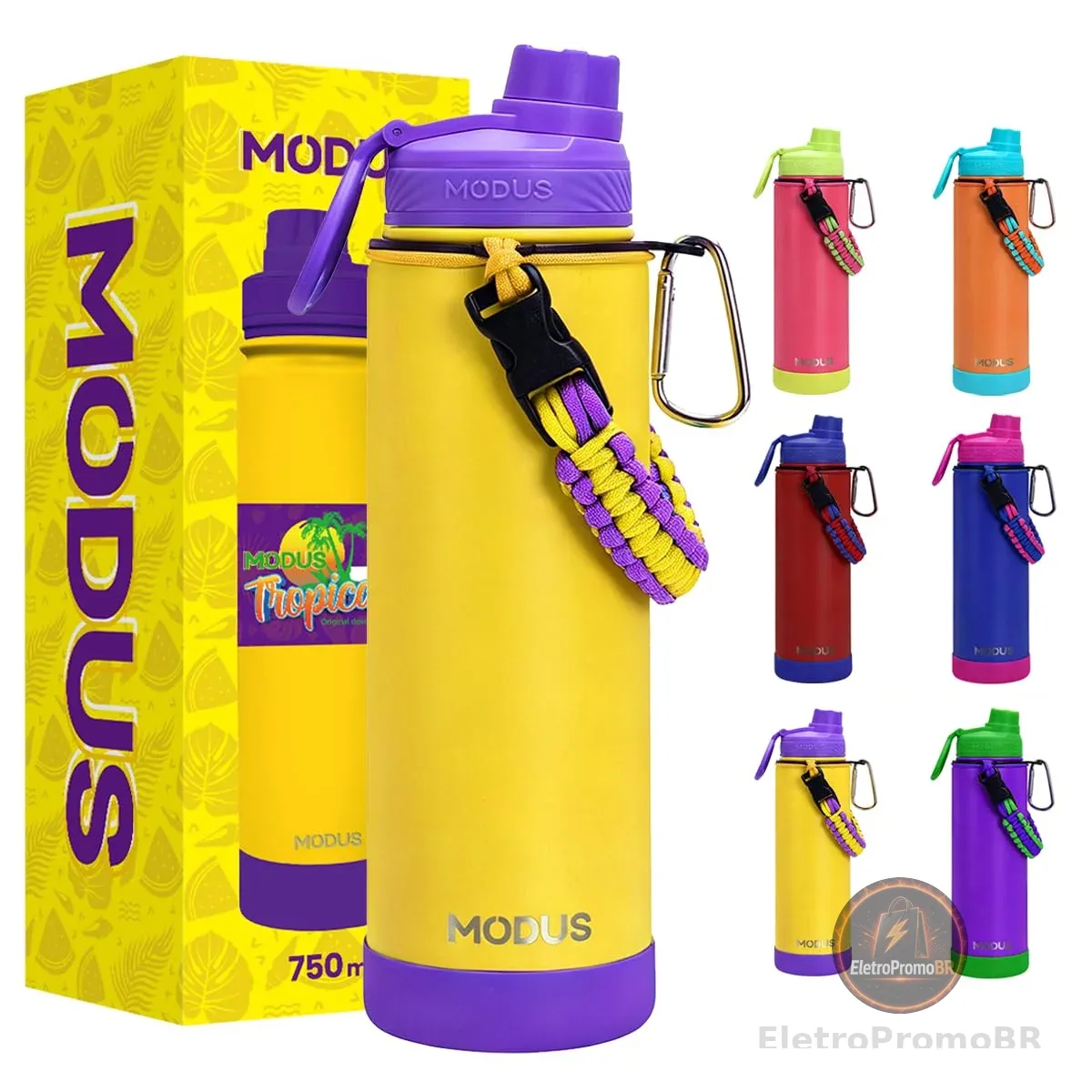 MODUS Garrafa Térmica 750ml - Parede Dupla de Isolamento 24horas Gelado | Base Emborrachada Anti Derrapante, Alca Prarcord, Anti Vazamento, BPA Free, para Academia, Viagem e Trabalho