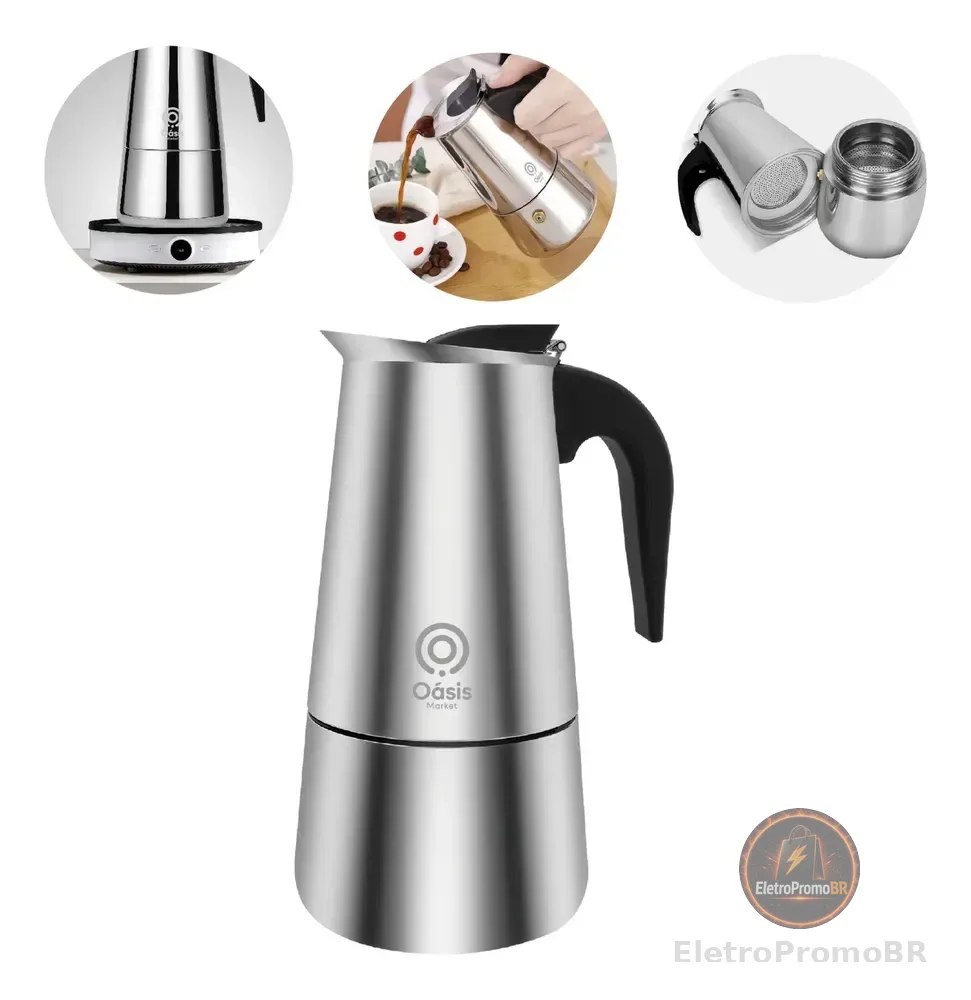 Cafeteira De Fogão 6 Xícaras Aço Inoxidável Italiana 300ml Aço Inoxidável