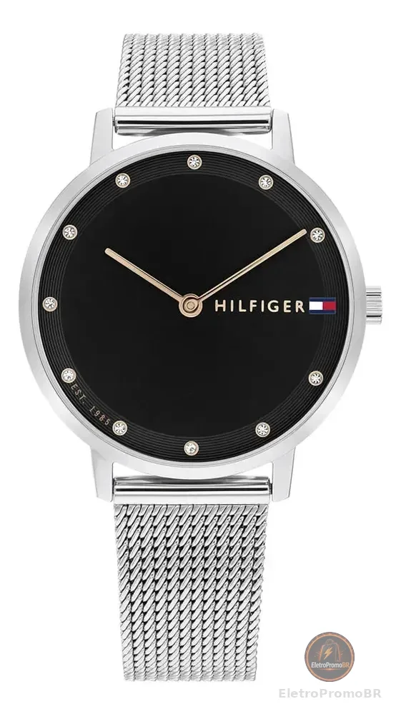 Relógio Tommy Hilfiger Feminino Pippa em Aço Prateado com Fundo Preto