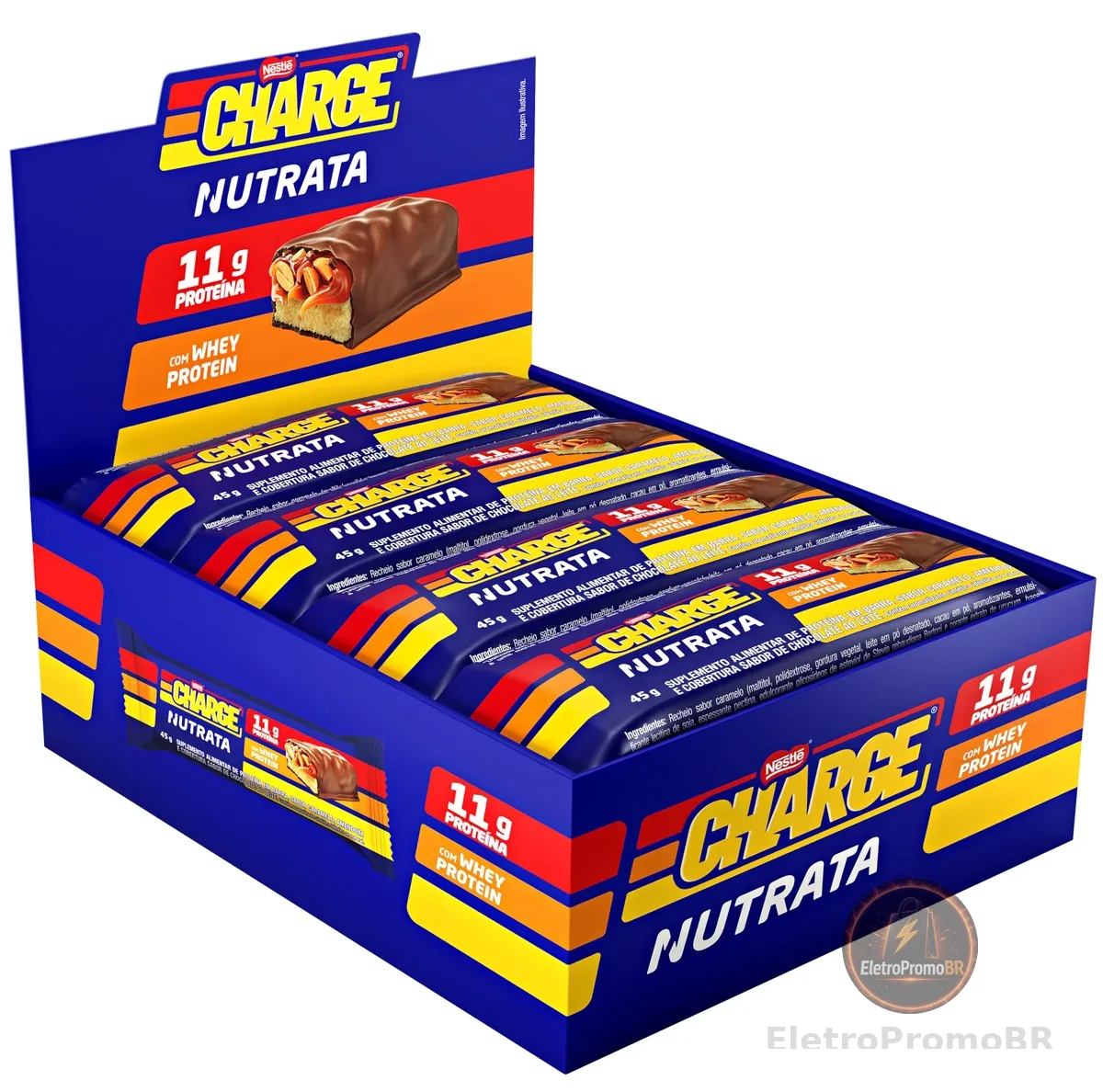 BARRA PROTEICA NUTRATA CHARGE BAR DISPLAY C/ 12 UN | 11g de proteína com whey, caramelo, amendoim e chocolate ao leite. Sem glúten e sem açúcar adicionado