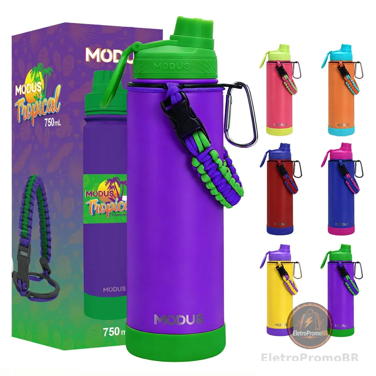 MODUS Garrafa Térmica 750ml - Parede Dupla de Isolamento 24horas Gelado | Base Emborrachada Anti Derrapante, Alca Prarcord, Anti Vazamento, BPA Free, para Academia, Viagem e Trabalho