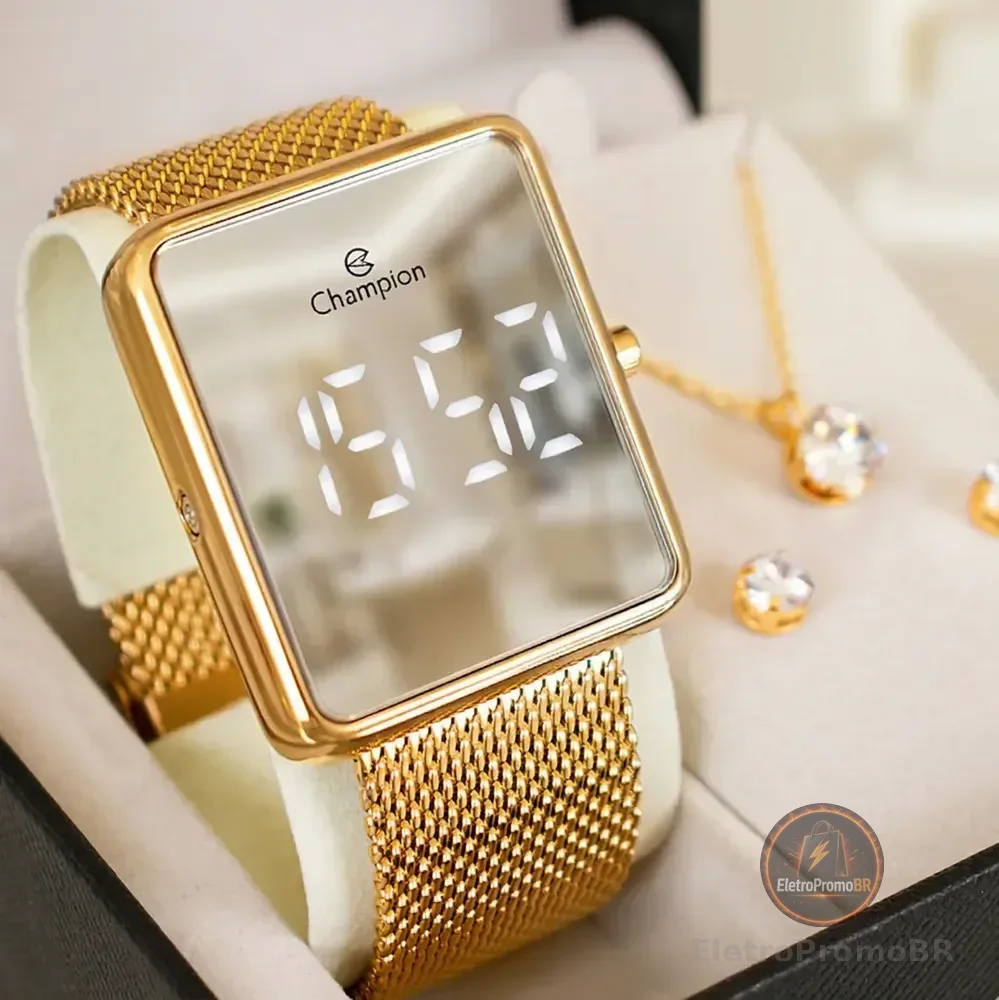 Relógio Feminino Champion Dourado Espelhado Kit Colar Brinco Dourado Espelhado