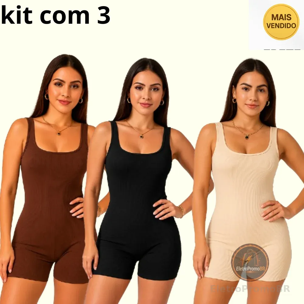 Kit 3 Macaquinho Feminino Academia Canelado Ribana  Versátil Estiloso