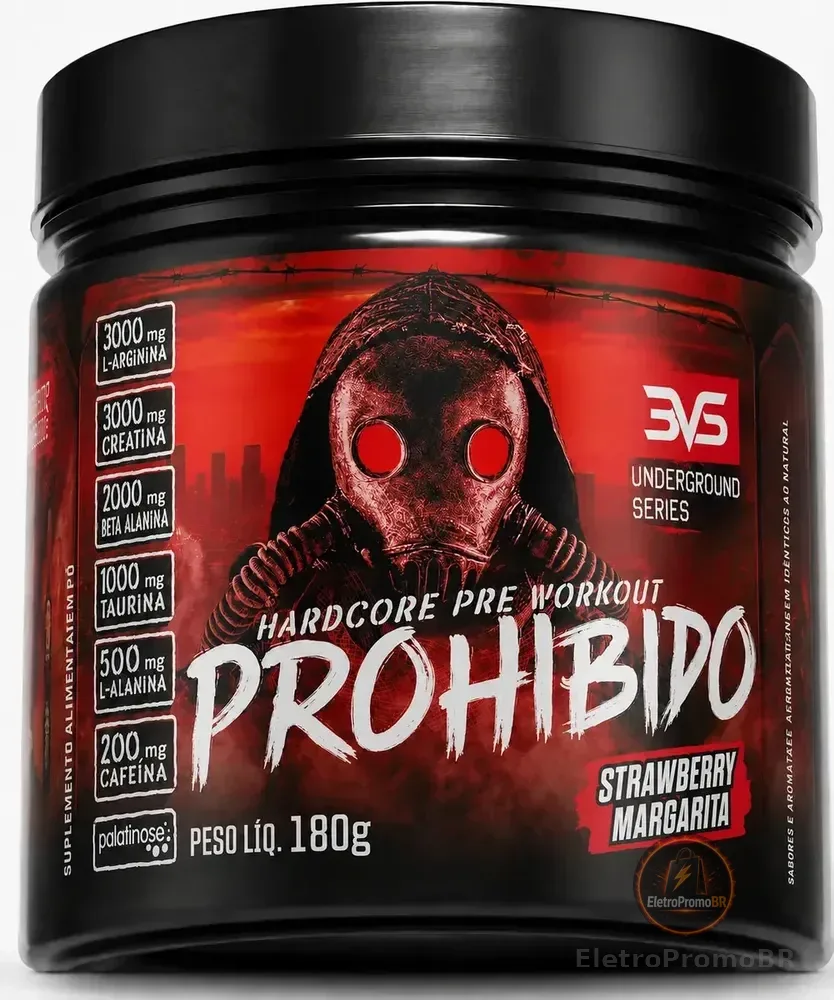 PRÉ TREINO PROHIBIDO 180g Sabor Strawberry Margarita (Morango) - Fórmula Avançada contendo Creatina, Beta Alanina, Taurina, L-tirosina, L-alanina, Cafeína, Arginina e Palatinose - Extra Forte