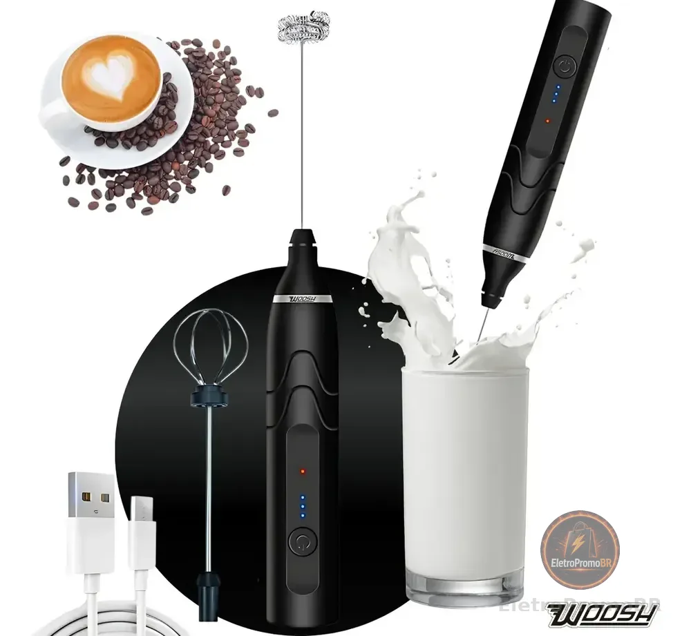 Mixer Elétrico Portátil 2 em 1 Recarregável Potente Misturador de Bebidas e Ovos 3 Velocidades Usb Batedor e Fue Fouet