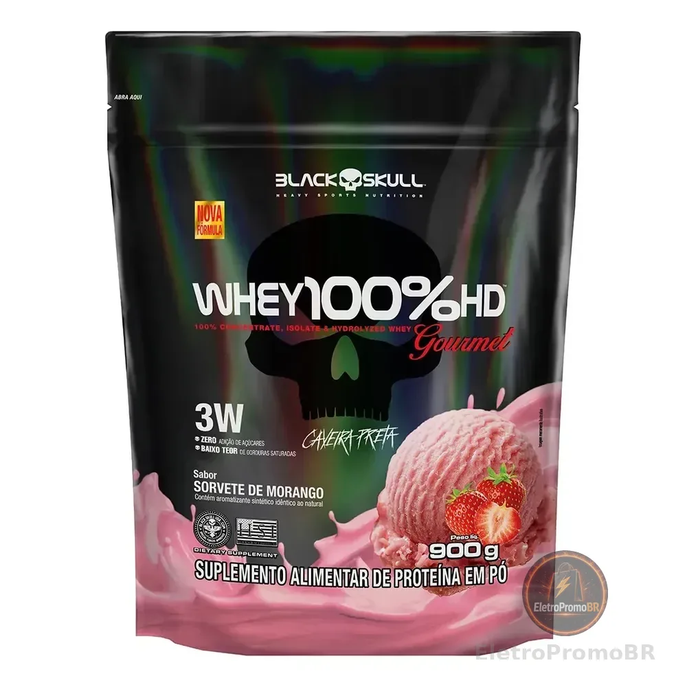 Whey 100%hd Gourmet 900g Refil Black Skull Sabor Morango Sorvete De Morango