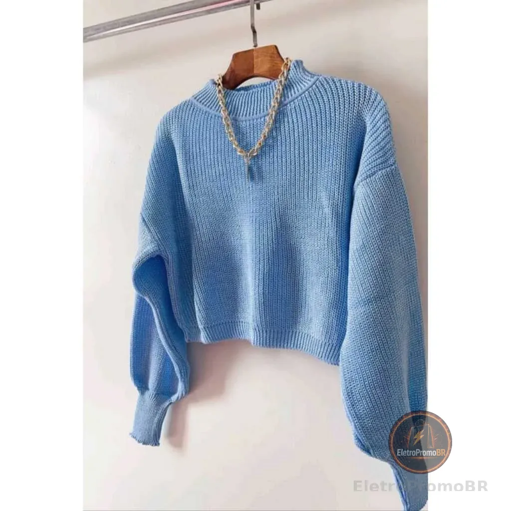 Blusa Cropped Tricot  Feminina Ponto Fang Manga Bufante Gola alta Redonda  Inverno