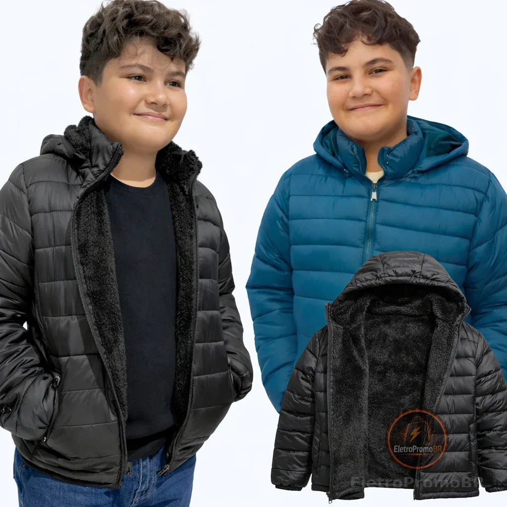 Jaqueta de frio peluciada infantil masculina feminina blusa casaco puffer corta vento Primeira linha