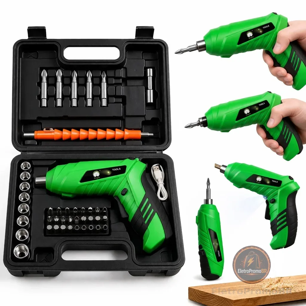 Kit Parafusadeira Doméstica Com Maleta 45 Peças Sem Fio Chaves Fenda Broca Philips Portátil USB