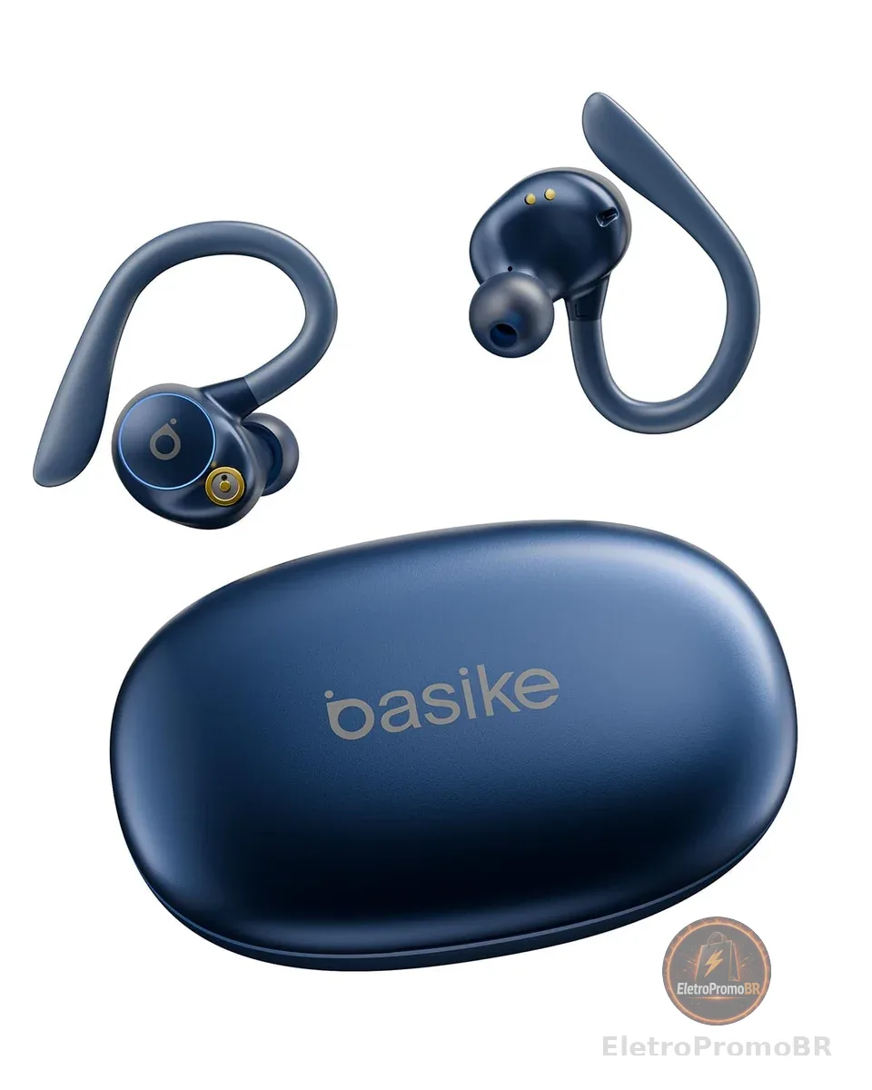 Basike Fone de Ouvido Bluetooth 5.4 Esportivo para Corrida, Intra-Auricular | TWS Som Estéreo Hi-Fi, ENC para Chamadas Claras, Toque Inteligente, IPX5, Display LED, Compatível com Android e iOS (Azul)