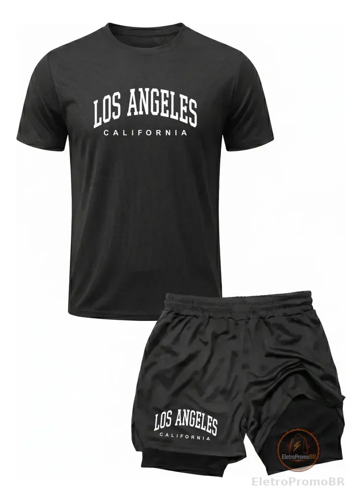 Conjunto Treino Camiseta Dry Fit + Short 2 Em 1 Los Angeles Preto G