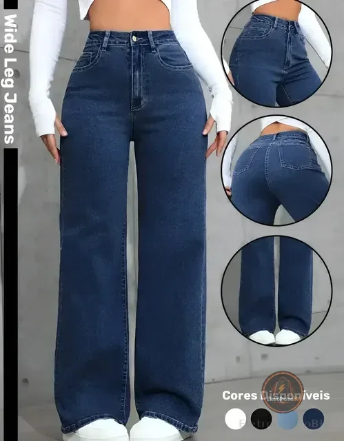 Calça Wide Leg Jeans Feminina Reta Perna Larga Empina Bumbum