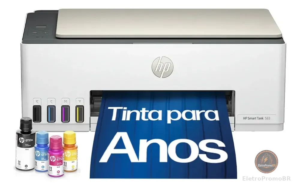 Impressora Multifuncional HP Smart Tank 583 Tanque de Tinta Colorida Wi-Fi com autorreparo, USB - Impressora, Copiadora e Scanner Cor: ‎Branco (4A8D8A)