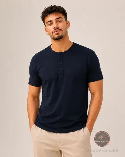 Camiseta Henley Masculina Slim Fit Algodão Manga Curta