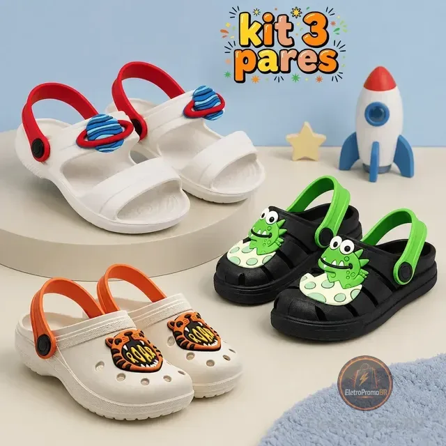Kit 3 Pares Sandália Infantil Menino Papete Leve Personagens