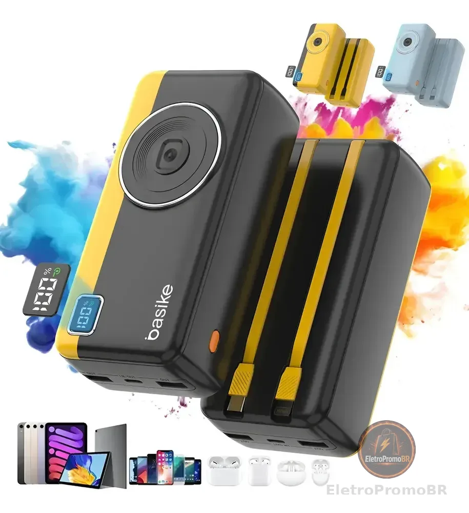 Power Bank Basike 30000mAh com Carga Rápida 22.5W e Cabos Integrados, para iPhone e Android