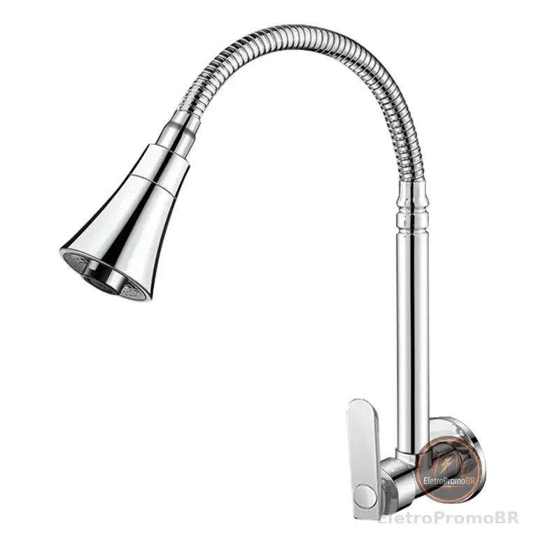 Torneira Cozinha Gourmet Parede Flexível-3 Jatos 1/4 Volta Prateado Brilhante