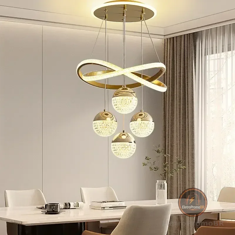 Lustre Teto Led Pendente Moderno Para Sala Quarto Cozinha 127/220v Dourado