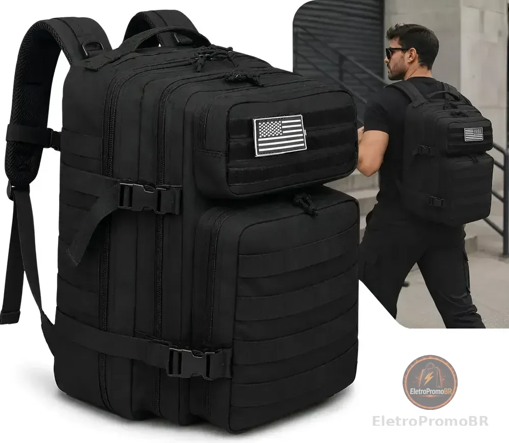 Mochila Tática Militar Grande Masculina Reforçada Resistente Preto Liso