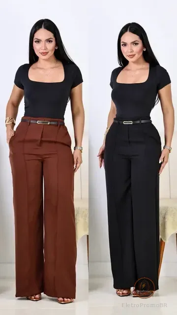 Kit 2 Calça Pantalona Feminina Alfaiataria Elegante C/ Cinto