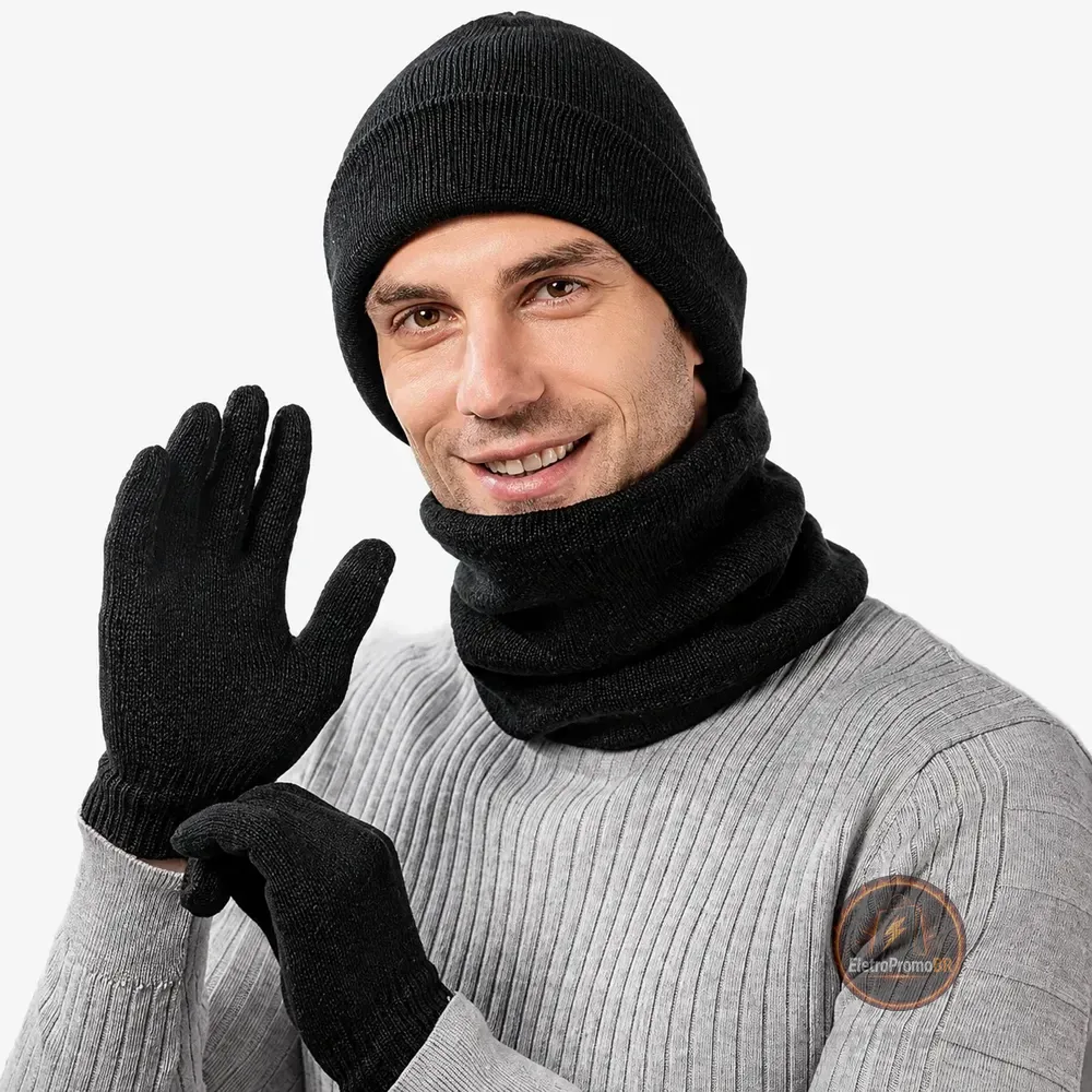 Kit De Frio Touca+ Luva Touch+ Cachecol Térmica 3 Peças Preto Un Lisa