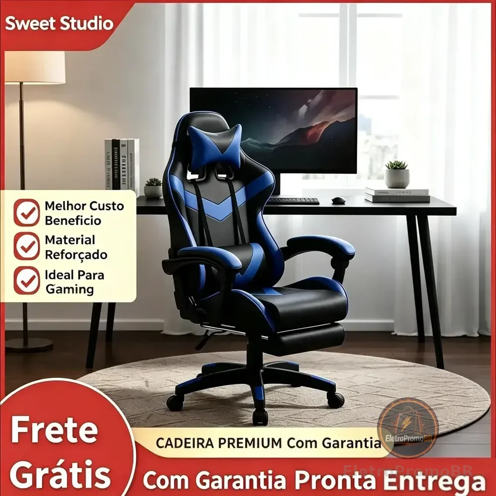 Cadeira Gamer Sweet Studio Ergonômica Reclinável em Couro Sintético Azul com Apoio de Pés