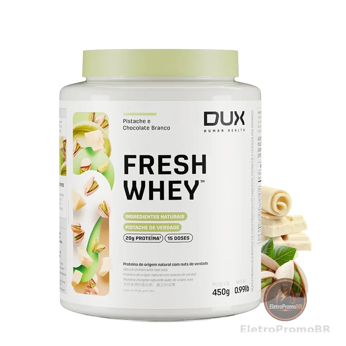 DUX HUMAN HEALTH FreshWhey 450g Pistache e Chocolate Branco – 20g de Proteína com Frutas e Nuts Naturais