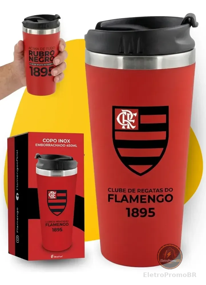 Copo Térmico Emborrachado Inox Com Tampa 450 Ml Futebol Flamengo