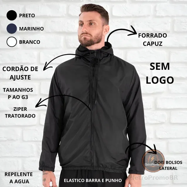 Jaqueta Corta Vento Liso Unissex Esportivo Capuz E Bolsos