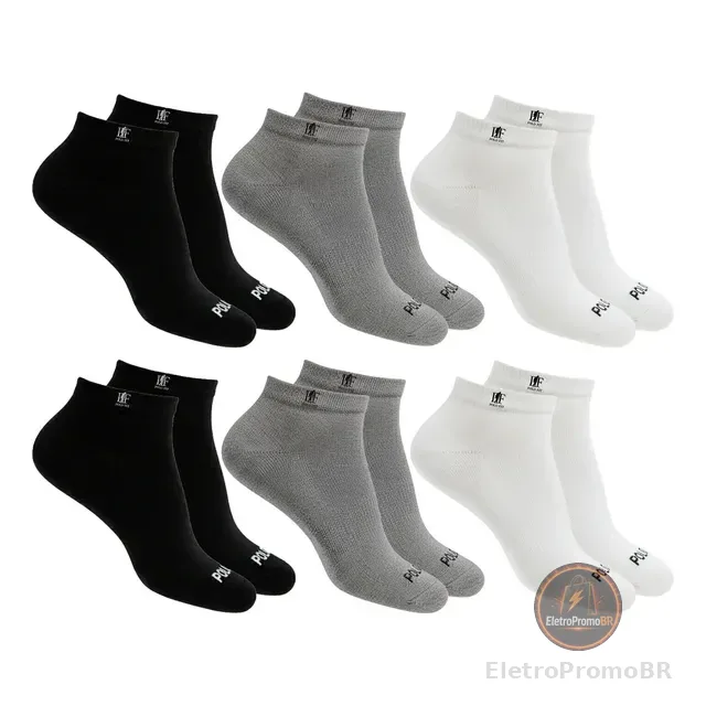 Kit 6 Pares Meias Soquete Cano Curto Baixo Algodão Polo Fit