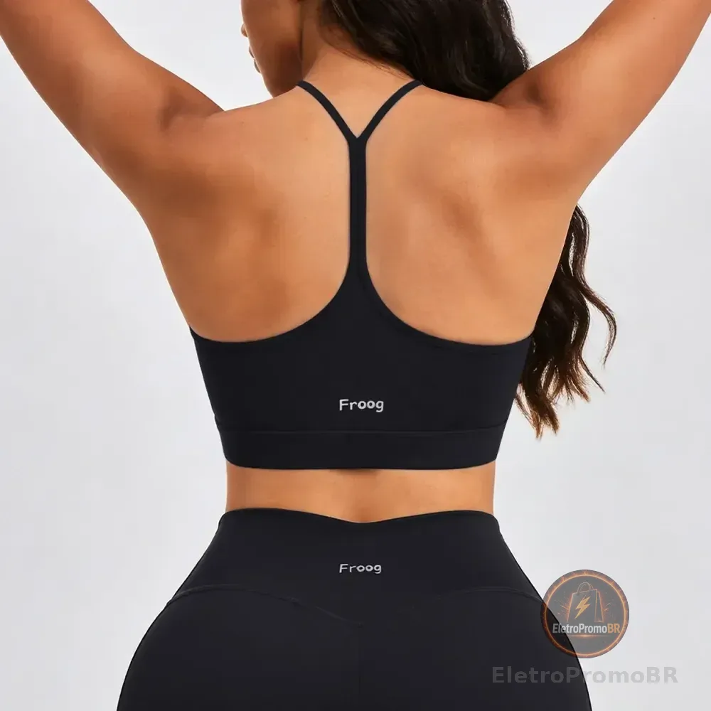 Froog Top Feminino Fitness Academia Com Bojo Alta Sustentaçã Preto Liso M