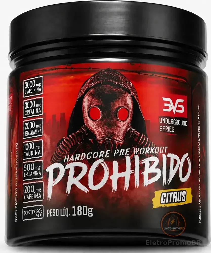 PRÉ TREINO PROHIBIDO 180g Sabor Citrus - Fórmula Avançada contendo Creatina, Beta Alanina, Taurina, L-tirosina, L-alanina, Cafeína, Arginina e Palatinose - Extra Forte