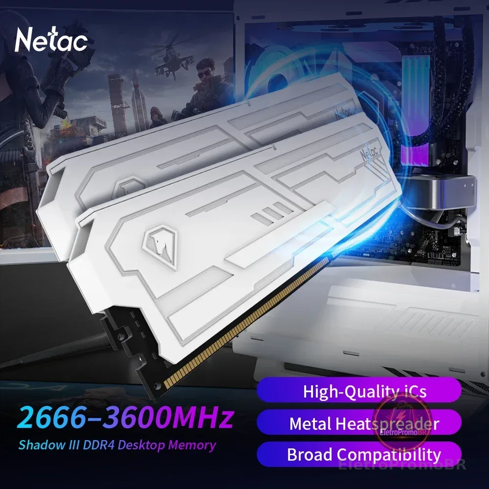 Memória RAM Netac DDR4 8G 16G DDR4 3200MHz 3600MHz 8GX2 16GX2 Shadow Ill UDIMM DDR4 1.35V XMP2.0 com Dissipador de Calor Metálico para Desktop