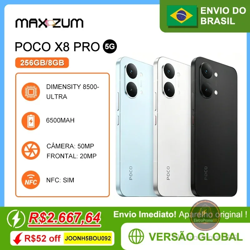 Poco X8 PRO 5G, 256/8GB, Smartphones e Celulares MediaTek Dimensity 8500-Ultra, Bateria 6500mAh, Versão Global, Câmera 50MP