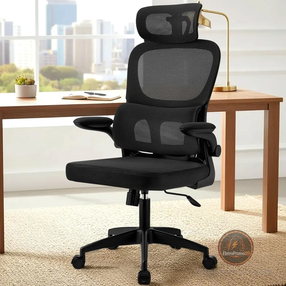 Cadeira de Escritório Ergonômica Presidente Mesh 200kg Giratória | Preto, apoio lombar, apoio de cabeça 3D, pistão Classe 3 regulável 10cm, assento largo e malha respirável para home office