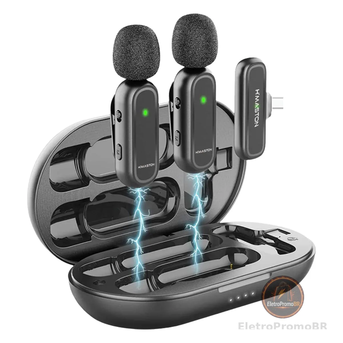 H'MASTON Microfone Lapela Sem Fio Professional 3 em 1 Microfone de Lapela para Gravação Redução de Ruído Compativel com iPhone 15 Tipo-C Android (MK-08 TIPO-C)