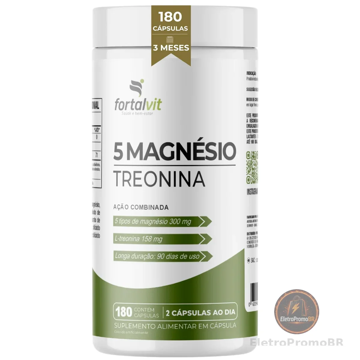 5 Magnésio Treonina 180 Cápsulas, 3 Meses de Uso, Longa Duração, Alto Teor Treonina + 5 tipos de Magnésio, Fortalvit