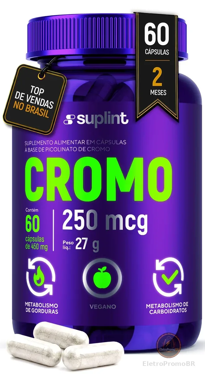 Picolinato de Cromo 450 mg – Suplemento Mineral Vegano – Sem Glúten e Não OGM – 60 Cápsulas