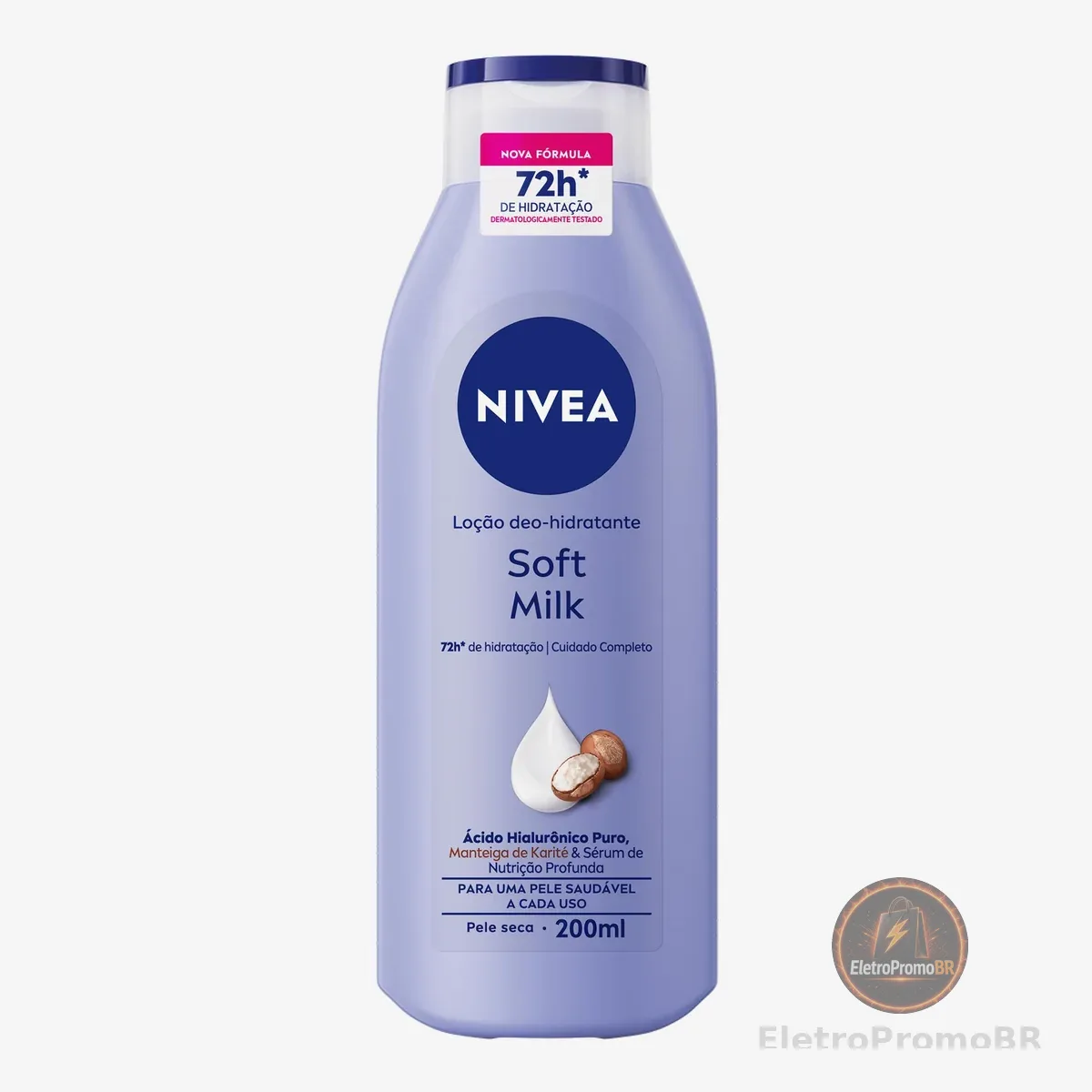 NIVEA Loção Deo-Hidratante Soft Milk 200ml, Hidratação Profunda 72h, Hialurônico Puro, Corporal, Pele Seca